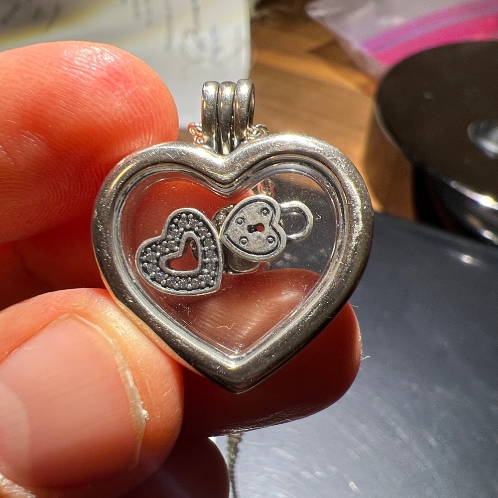 Pandora Silver Heart Locket Necklace with Clear Center